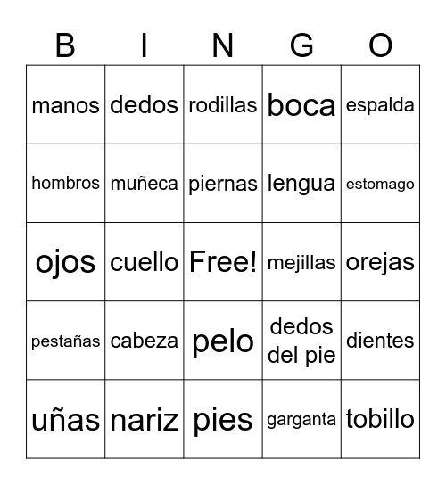 Body Part Vocab Bingo Card