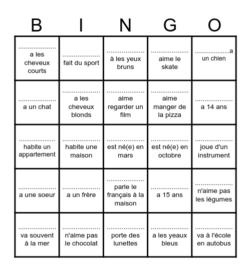 Je me présente BINGO Card