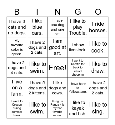 All About Us Bingo Card