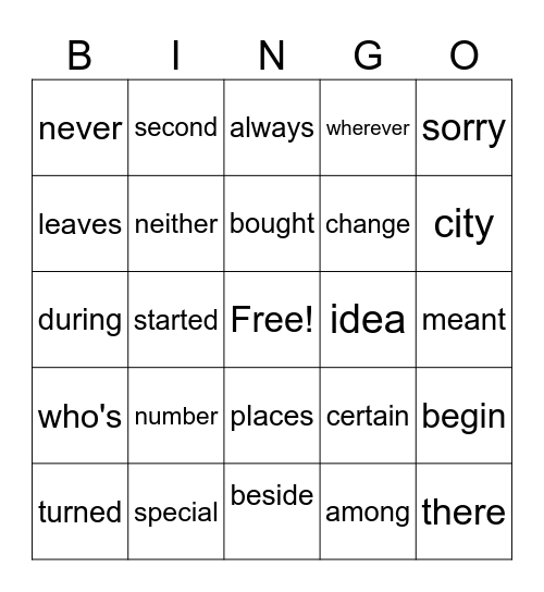 Sight Words for 2nd Grade Bingo Card