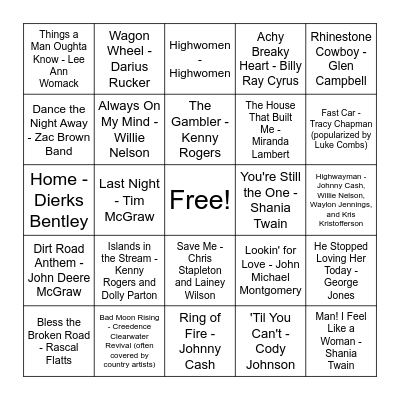 Country Hits Bingo Card