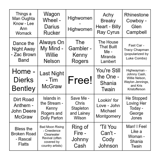 Country Hits Bingo Card