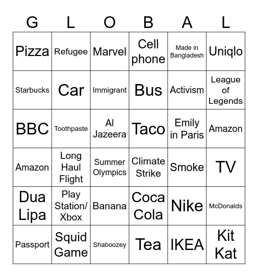 Globalization Bingo Card