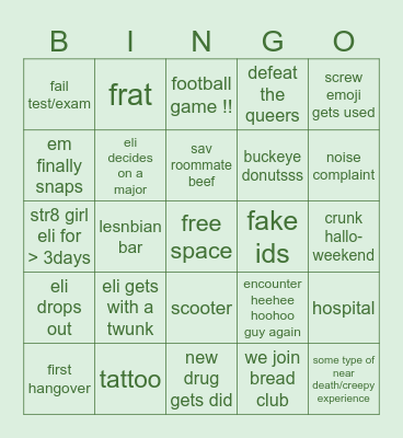 eerli and smerson college bingo Card