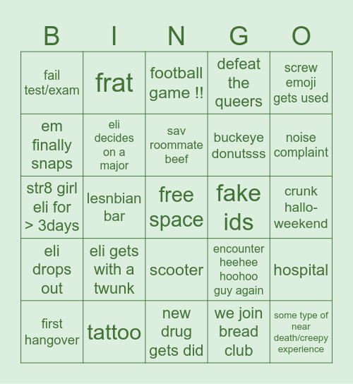 eerli and smerson college bingo Card