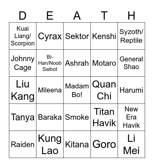 MK1 KR Death Bingo Card