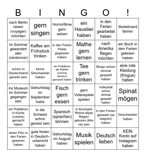 Kennenlernen Bingo (Deutsch II) Bingo Card