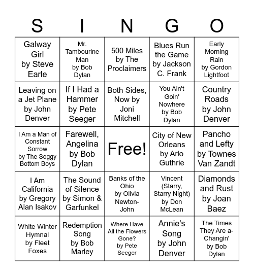 Folk Music Bingo Card