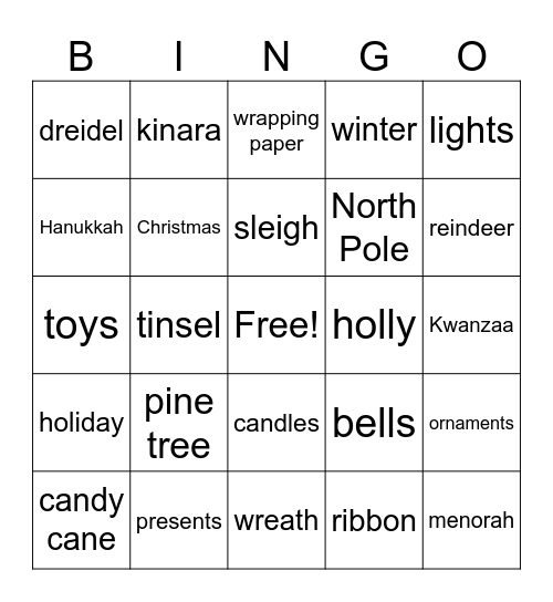 December Vocabulary Words Bingo Card