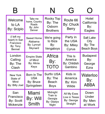 Songs About Places Round 1 Bingo Card