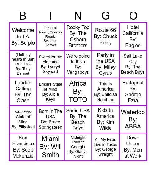 Songs About Places Round 1 Bingo Card