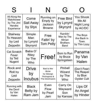 Dad Rock Bingo Card