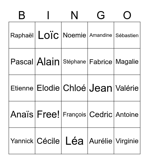 Les prénoms Bingo Card