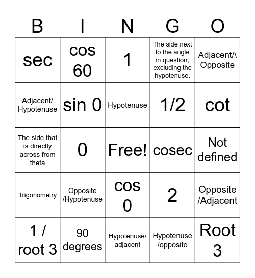 Trignometric bingo Card