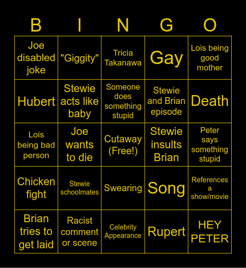 Family guy Bingo Card