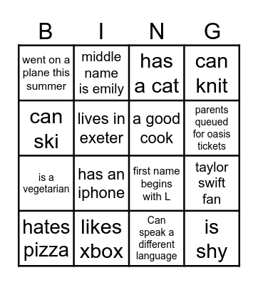 Get to know you Bingo Card