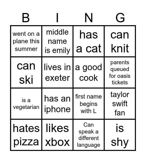 Get to know you Bingo Card