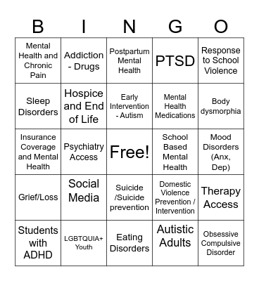 Mental Health Needs Bingo Card