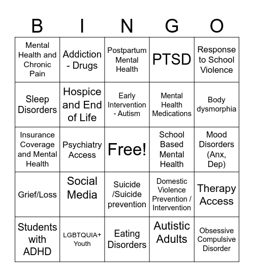 Mental Health Needs Bingo Card