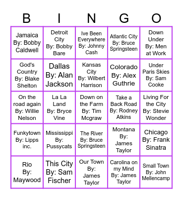 Songs About Places Round 2 Bingo Card