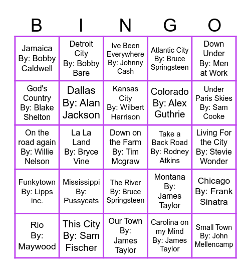 Songs About Places Round 2 Bingo Card