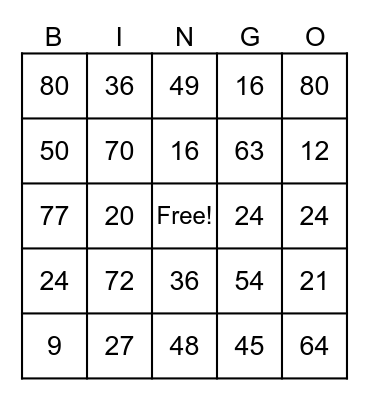 Multiplication Bingo Card