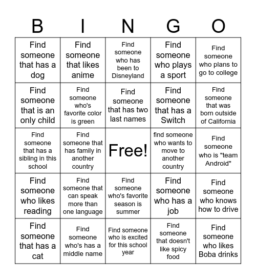 Get to Know Your Classmates Bingo Card