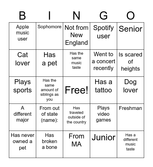 First Day of Class Mixing and Mingling Bingo Card