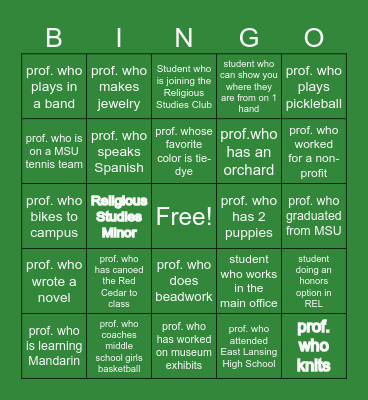 Religious Studies Bingo Card