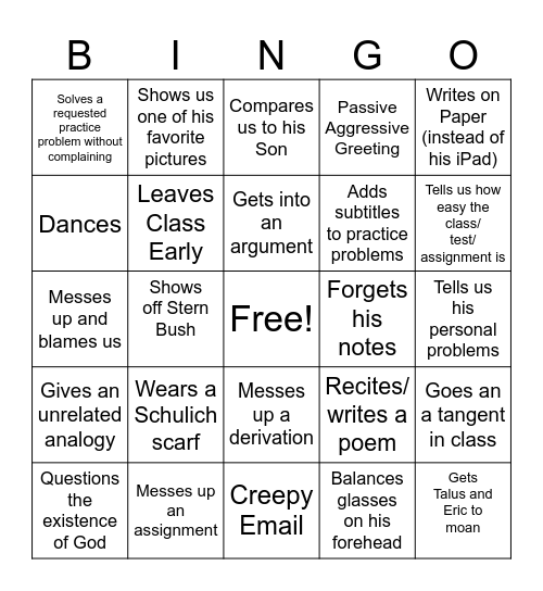 K Daddy Bingo Card