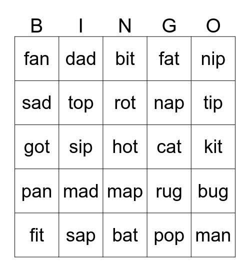 WORD FAMILIES Bingo Card