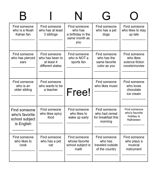 Find a Friend Bingo Card