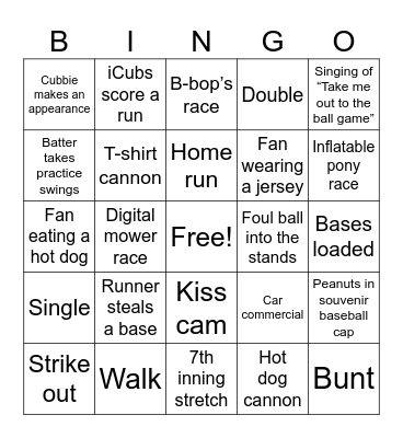 Baseball Game Bingo Card