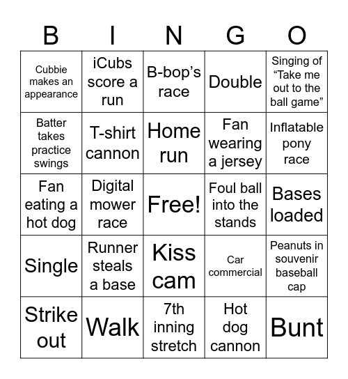 Baseball Game Bingo Card