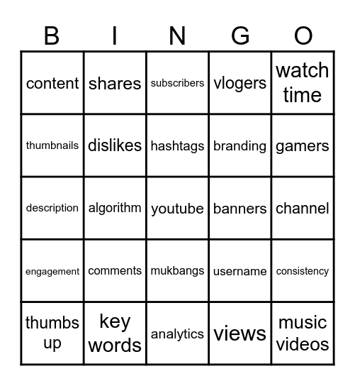 youtube bingo Card