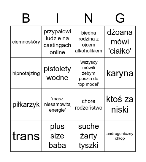 Top Model Bingo Card