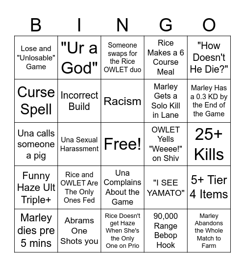 Uni Deadlock Bingo Card