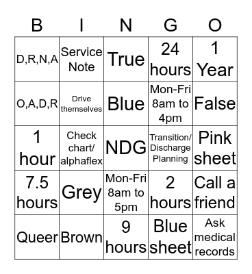 NDG Bingo Card