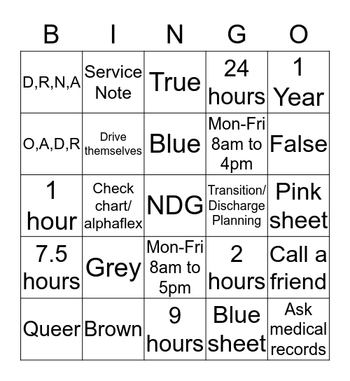 NDG Bingo Card