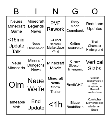 Minecraft Live Bingo Card