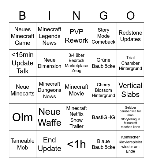 Minecraft Live Bingo Card