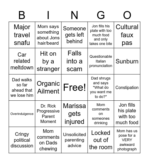 Italy Family Bingo Card