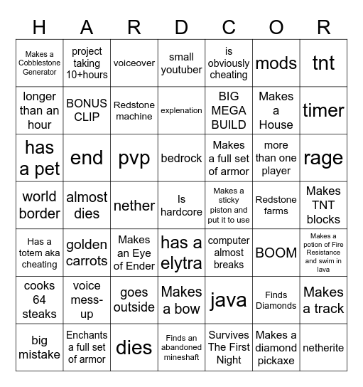 minecraft hardcore mode bingo Card