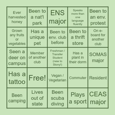 SBU Environmental Club: Intro Bingo Night!! Bingo Card