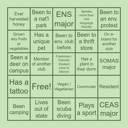 SBU Environmental Club: Intro Bingo Night!! Bingo Card