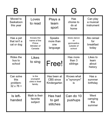 Back to School Bingo (Grade 5 CBS Edition) Bingo Card