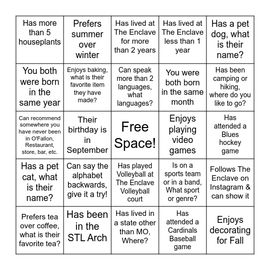 The Enclave Meet & Mingle Bingo Card