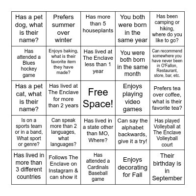 The Enclave Meet & Mingle Bingo Card