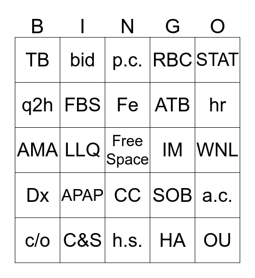 Abbreviation Bingo Card