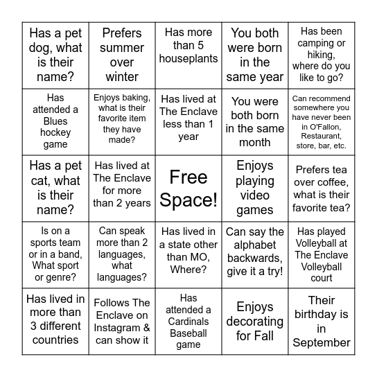 The Enclave Meet & Mingle Bingo Card